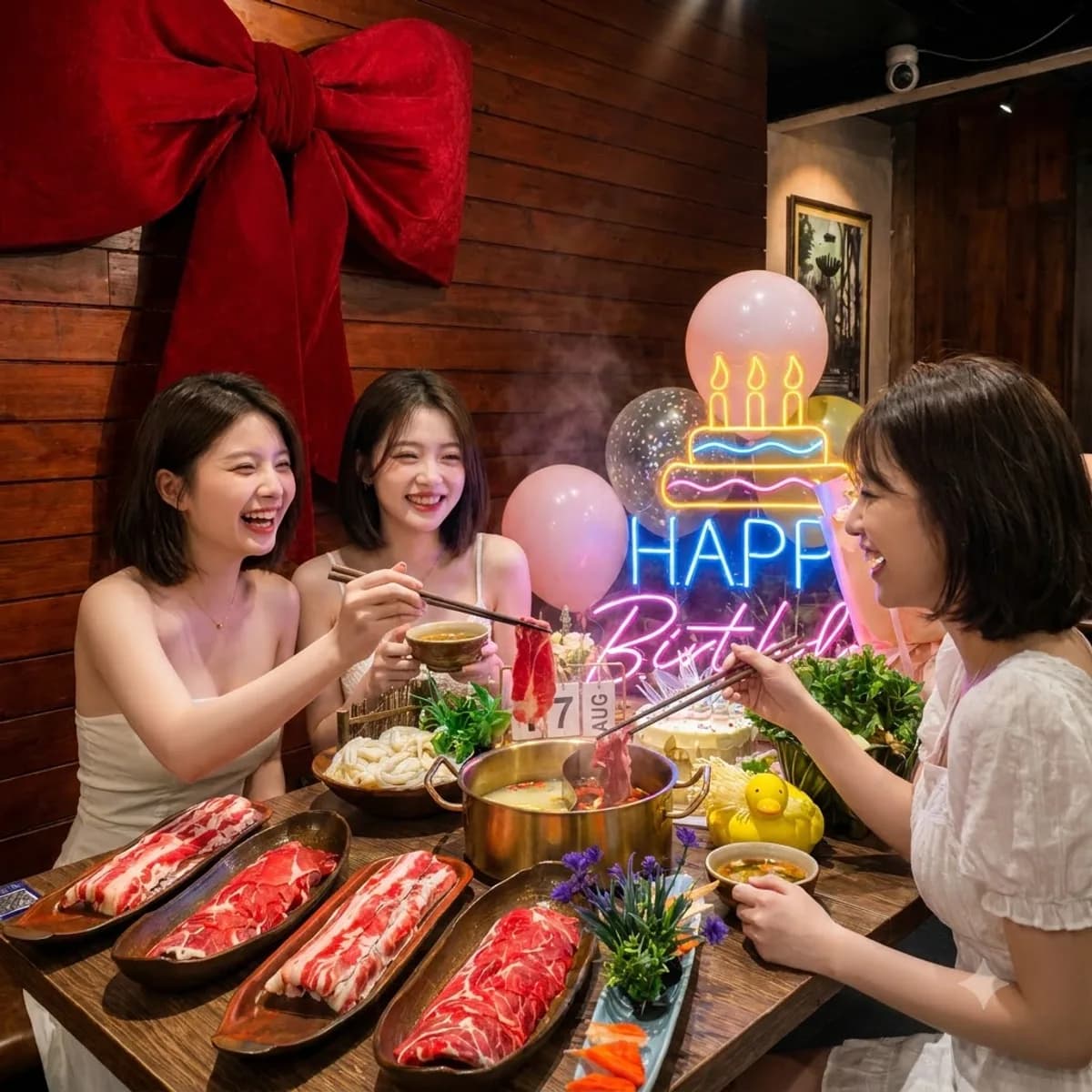 Bàn lẩu sinh nhật ấm cúng tại quán, ảnh bán hàng làm bằng AI